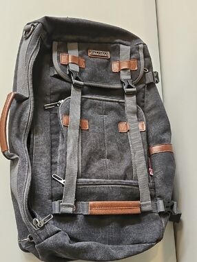 Witzman Gray Canvas Travel Backpack with Brown Accents